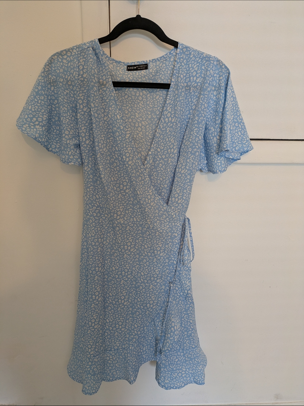 SHEIN Powder Blue Wrap Dress with White Spot Print